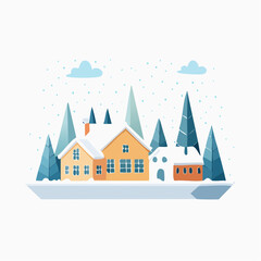 Minimalist Winter Village with Geometric Houses and Pine Trees Vector