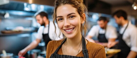 Culinary Confidence: A smiling female server stands poised and beaming in a professional kitchen, she epitomizes service excellence, culinary artistry, and team synergy.