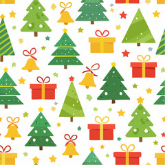 Flat Vector Seamless Christmas Pattern with Trees, Bells, Gifts, and Stars