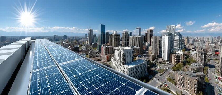 Solar Panel Cityscape: Panoramic view of a city skyline with solar panels on a rooftop. Illustrating sustainable energy and urban development.
