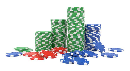 Stacks of Casino Poker Chips in Green Red and Blue