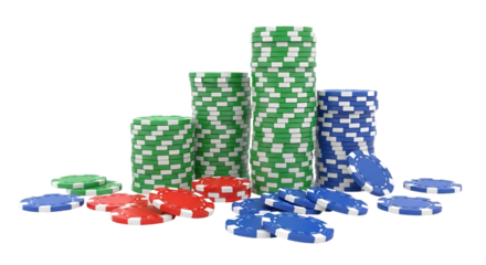 Stacks of Casino Poker Chips in Green Red and Blue