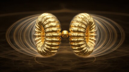 Abstract illustration of two gold colored spiral shaped objects with energy rings around them