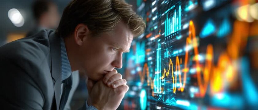Concentrated Data Analysis: A focused analyst intently examines a dynamic data display, symbolizing the intricacies of market trends and the dedication required for effective data interpretation