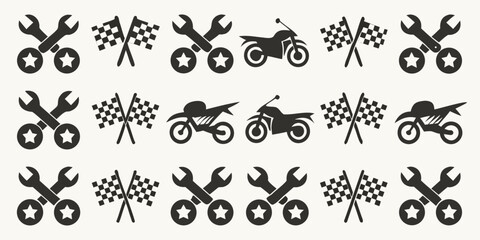 Collection of motorcycle racing icons including checkered flags and wrench tools with stars © Piku