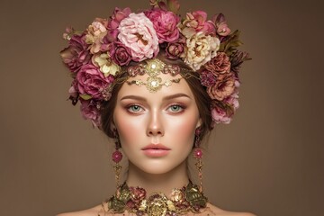 A beautiful girl portrait in a fantasy art style, with flowers adorning her hair and golden decorations enhancing her enchanting and ethereal appearance, with exquisite portrait details.