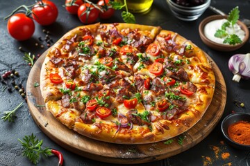 Delicious Wood Fired Pizza on Rustic Board Gourmet Italian Food Homemade Recipe Restaurant Menu