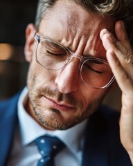 Close-up of businessman touching his temple with a frustrated expression, representing stress and challenge.