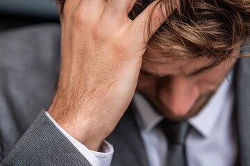 Close-up of businessman touching his temple with a frustrated expression, representing stress and challenge.