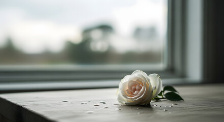 Delicate white rose lying on a wooden surface near a window with a blurred background