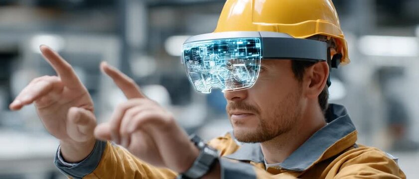 Tech-Enhanced Construction: A construction worker wearing augmented reality (AR) glasses and a hardhat in a modern industrial setting, pointing towards digital projections.