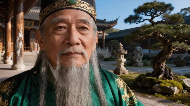 Emperador anciano chino  posando con dignidad en un templo antiguo 