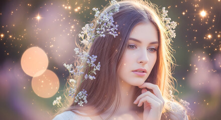 Dreamy portrait of a beautiful young woman with flowers in her hair and glowing bokeh lights around her