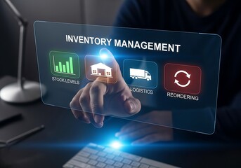 Inventory management concept a person pointing at a virtual screen displaying inventory management, supply chain, logistics, delivery, and restocking for business efficiency