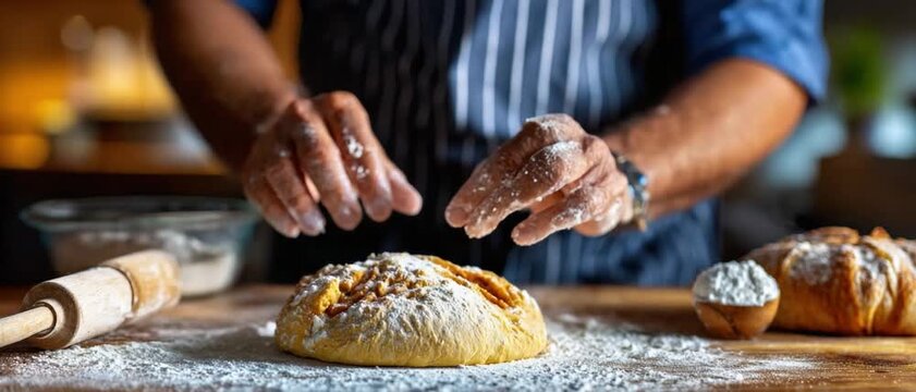 Artisan Baking: A baker's skilled hands, dusted with flour, meticulously shape a loaf of bread, revealing the artistry and passion behind the craft.