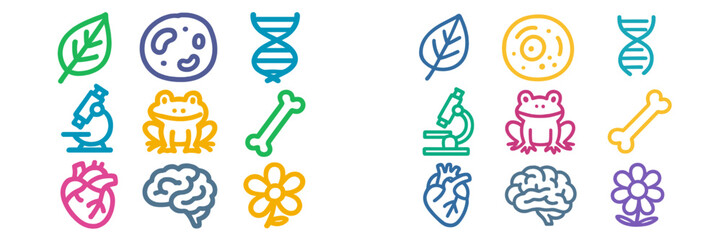 Icons representing biology and science themes with various elements including DNA, cells, and organisms arranged in a colorful grid
