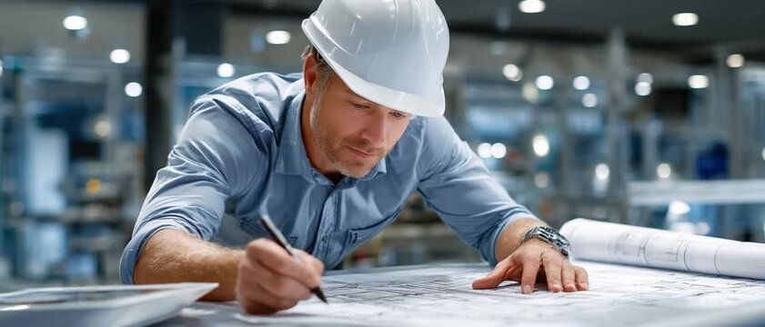 Architect at Work: An architect, clad in a hard hat, meticulously studies blueprints, engrossed in the intricacies of design, at the construction site. 