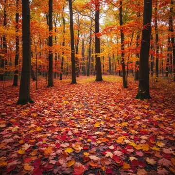 A vibrant carpet of multicolored autumn foliage covers the vast forest floor, showing nature's beautiful and inevitable seasonal transition ,carpet ,seasonal ,bright