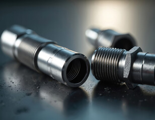 Metal threaded connectors are laid on dark surface. Precision steel fittings connect parts together securely. Industrial components for machinery.