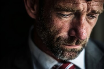 Businessman looking down with a reflective expression, symbolizing thought and decision-making.