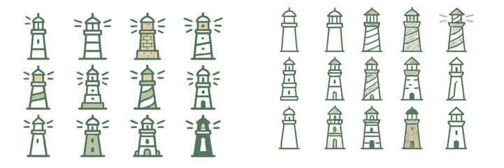 Collection of hand-drawn lighthouse illustrations showcasing different designs and styles, perfect for nautical themes
