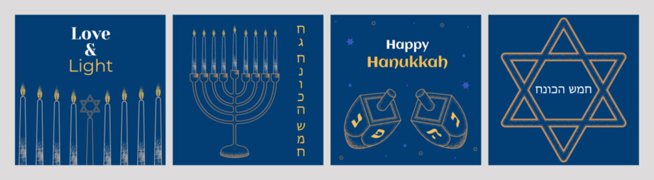Hanukkah Greeting Card Set with Menorah, Dreidels, Star of David and Hebrew Text &ndash; Jewish Holiday Vector Illustration for Traditional Celebration, Poster, Banner, Web Design and Modern Digital Concept