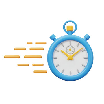 Blue stopwatch with yellow hands showing elapsed time isolated on transparent background
