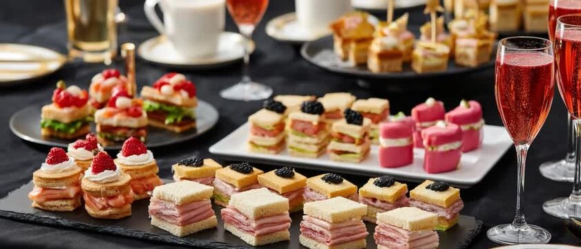 Gourmet Gathering: An elegant spread of bite-sized delicacies and sparkling beverages on a table, perfect for a sophisticated event.