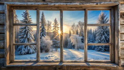 Fototapeta premium Cozy rustic cabin window view of a serene snowy forest landscape at sunrise with golden light and frosty trees