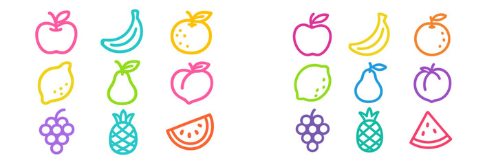 Colorful fruit illustrations in various shapes and designs with a lively arrangement on a white background
