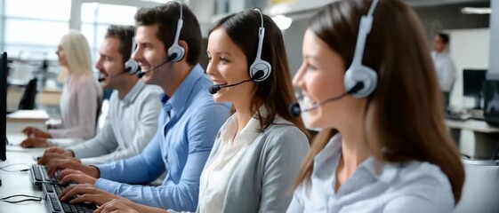 Friendly Support Specialists: A team of smiling support specialists assists clients, embodying customer service in a modern, collaborative setting, fostering communication and solutions. - Powered by Adobe
