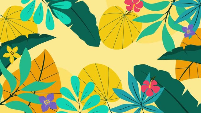 Flat tropical floral animation with bright yellow background and colorful leaves, featuring hibiscus and abstract shapes, perfect for summer videos, invitations, or presentation templates.