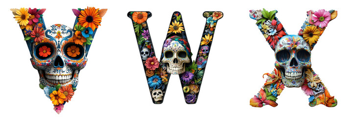 Letters V, W and X. Dia de muertos decorative letters PNG with colorful skulls and flowers, traditional Mexican art style perfect for cultural and festive design projects.