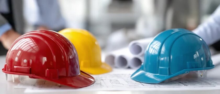 Construction Meeting: A table displays an array of colorful hard hats, along with architectural plans and the blurred presence of project managers.