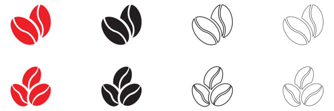Coffee Beans Icon Signs vector set, Caffeine Logo Symbol vector, silhouette and line art