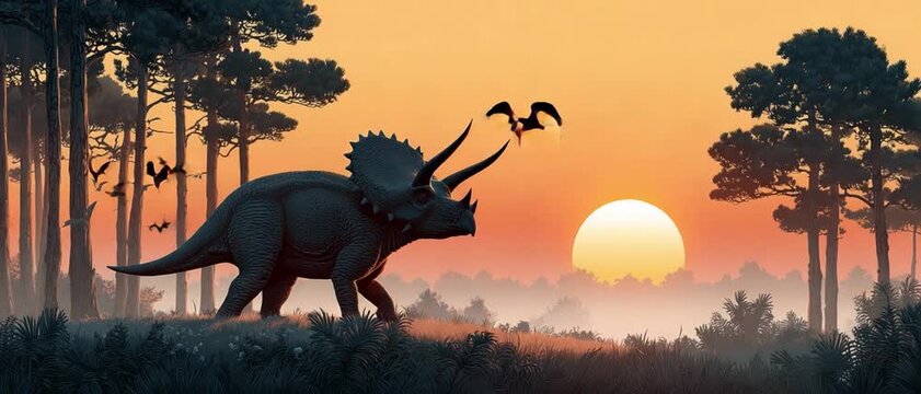 Dinosaur at Sunset: A majestic Triceratops roams through a prehistoric landscape bathed in the warm hues of the setting sun, evoking a sense of wonder and the primeval era.