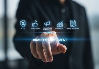 A businessman is touching a digital screen with the words brand management the concept of branding, marketing, and business development is illustrated in the image