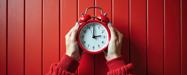 Hands hold red alarm clock against red wood background. Time and deadline concept for scheduling tasks or reminders. Urgency of prompt action is shown.