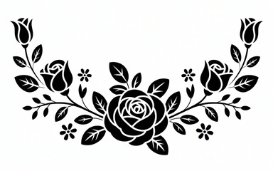 Elegant Black and White Rose Border with Leaves and Buds Silhouette