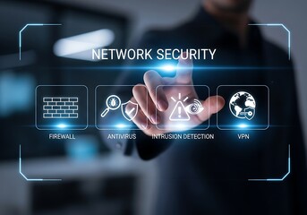 A businessman is touching a digital screen with the words network security the concept of cybersecurity, data protection, and privacy is illustrated in the image