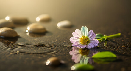 Close up of a daisy flower and pebbles with water drops on a dark surface in soft light