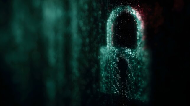 A digital padlock symbol made of glowing particles on a dark abstract background