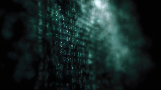 Glowing teal code and encrypted data stream displayed on a digital screen with a smoky effect - Powered by Adobe
