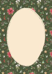 Watercolor Christmas retro border of poinsettia, spruce branches and fir cones. Hand painted holiday card of flowers and plants isolated on beige background. Illustration for design, print, background