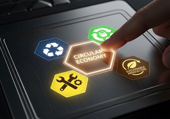 Circular economy concept hand touching virtual screen with circular economy, renewable energy, waste management, reuse, reduce, recycle icons sustainable development