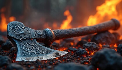 Medieval battle axe illustration on fiery embers. Viking weapon lies on hot coals. Ancient sharp axe for war and conflict. Blade with engravings, handle of wood. Tool for battle or ritual.