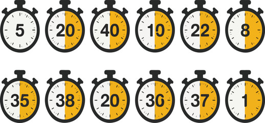 Collection of timers showing varying time intervals timer, time, intervals, collection, yellow, white, stopwatch, numbers, clock, deadline, measurement, countdown, graphic, illustration, digital, 