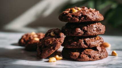 Delicious chocolate cookies stacked on a marble surface with sunlight casting shadows, ideal for dessert or baking-related visual storytelling.