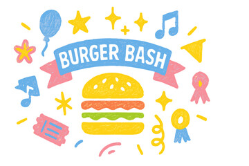 Celebration of the Burger Bash event featuring colorful decorations and fun elements