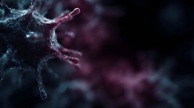 Close up abstract illust n of a microscopic virus or pathogen with detailed glowing spikes in dark purple and blue tones - Powered by Adobe